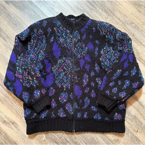 Vtg LeRoy Sweater Coat Jacket Size Large Black Purple Blue Thick 1980s 1990s Zip